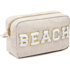 Cosmetic Bag Organizer Travel, Compact Lightweight Accessory for Travel and Daily Use - Sanwuta Seersucker Beach Chenille Letter