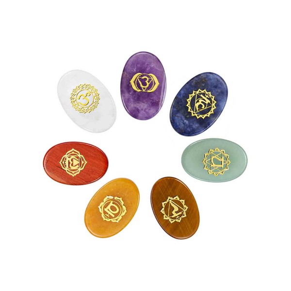 CrystalTears Chakra Stones Set of 7 Rune Stones Golden Symbols Pebble Shape Gemstone Healing Spiritual Gift