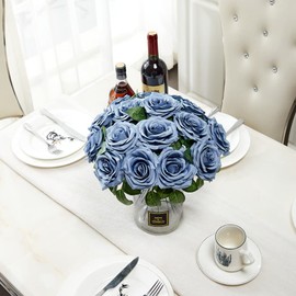 NEVISI Artificial Flowers Dusty Blue Fake Rose Silk Rose 16 Pcs Real Looking Fake Flowers with Stems for DIY Wedding Bouquets Party Tables Centerpieces Floral Arrangements Festival Decoration