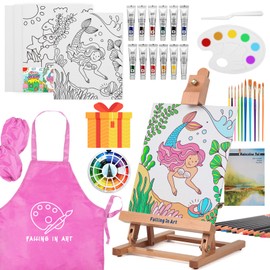 Falling in Art Tabletop Easel Set, Portable Wooden Art Easel Painting Kits for Kids, Easel for Painting Canvases, Including 12 Colors Acrylic Paints, 10 Paintbrushes and 4 Canvas Panels, Pink