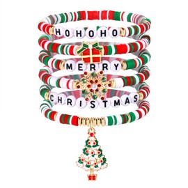 boderier Christmas Bracelets Set Stack Snowflake Christmas Tree Beaded Stretch Bracelet Summer Christmas Costumes Bracelet Jewelry Gifts (Christmas 6pcs)