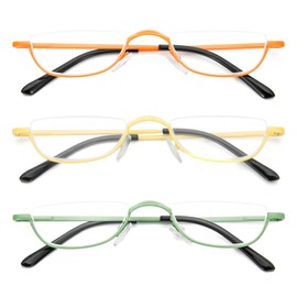 KoKoBin Half Reading Glasses,3 Pack Half Rim Metal Frame Glasses Spring Hinge Readers with Leather Pouch for Men and Women (Green+Yellow+Orange,3.00)