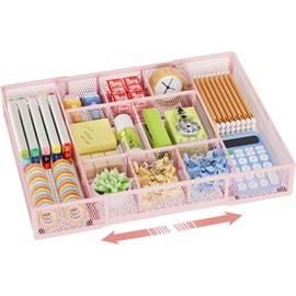 Marbrasse Expandable Desk Drawer Organizer, Mesh Tray with 10 Adjustable Compartments, Desk Organizers for Office Supplies, Makeup & Vanity