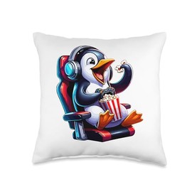 Gamer Penguin Popcorn Gaming Chair Headphones Games Player Throw Pillow