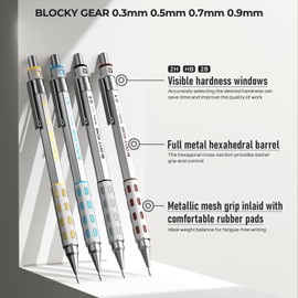 Nicpro 4 Pack Blocky Gear 0.3, 0.5, 0.7, 0.9 mm Metal Mechanical Pencils Set with Case, Lead Drafting Pencil with 8 Tube Lead Refills(HB 2B), Erasers, Eraser Refills for Art Writing Sketching Drawing