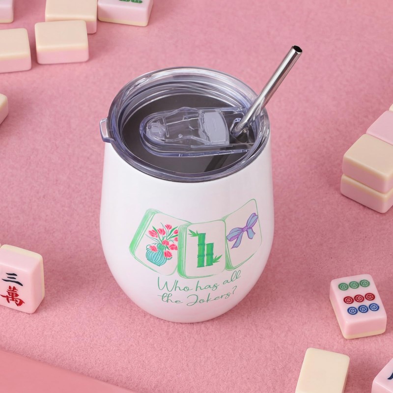 Patelai 4 Pcs Mahjong Tumbler with Lid Straw, Insulated,Elegant