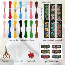 ORIGACH 6 Set Floral and Vine Cross Stitch Bookmark Kit for Beginner with Backing Felt Floss Instructions DIY Stamped Embroidery Bookmark Kit for Adults, Book Lovers