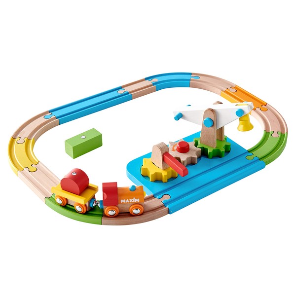maxim enterprise, inc. Wooden Toy Train Set, All Wood Crane and Gears, Brightly Colored 13 Hardwood Tracks, Crossing Gate, Cargo Pieces, Lift, Pre-School Educational Learning Toys for 18 Months & Up