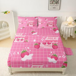 QOOMO Strawberry Milk Sheets Set Full Size,Cute Fruit Milk Kids Sheets Set Set,Strawberry Style Printing Bedding Ultra Soft，Bedding Set Full Size 1 Fitted Sheet, 1 Flat Sheet, 2 Pillow Cases