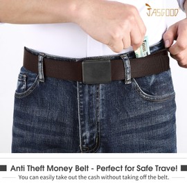 Travel Security Money Belt with Hidden Money Pocket - Cashsafe Anti-Theft Wallet Unisex Nickel free Nylon Belt by JASGOOD 02 Buckle Style-Coffee