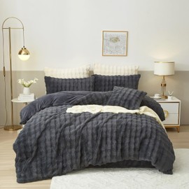 Luowei Winter Plush Bed Linen 155 x 220 cm Grey Warm Cuddly Fluffy Fleece Bed Linen Luxury Reversible Duvet Cover with Zip and 2 Pillowcases 80 x 80 cm