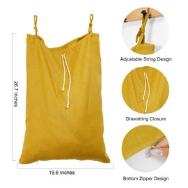 HSOFTIFY Linen Hanging Laundry Bag, Over The Door Laundry Hamper for Dirty Clothes, Drawstring Closure with Bottom Zipper, Turmeric