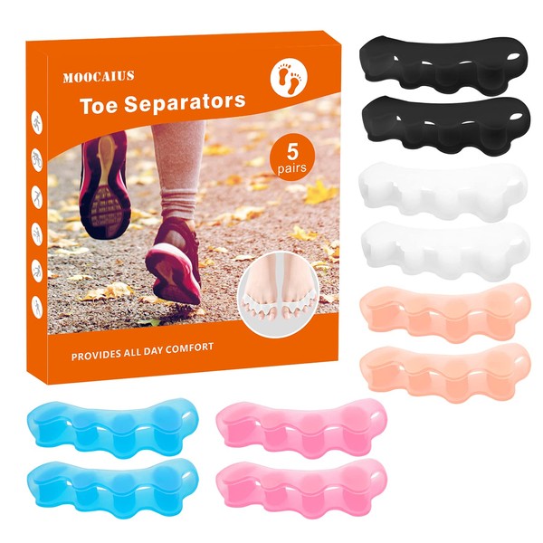 Toe Separators, 5 Pair Soft Gel Toe Spacers to Correct Bunions, Toe Stretcher for Therapeutic Relief from Plantar Fasciitis, Claw Toes,Hammer Toes, Foot Pain for Women & Men (5 in 1) (5color)
