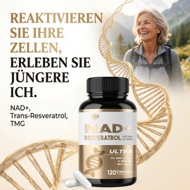 NAD+ Capsules with Resveratrol, NAD+ 1500 mg Supplement, NMN Supplement Alternative, 120 Vegan Capsules, for Cell Energy & Cell Repair, Increases Vitality & Healthy Skin Complexion