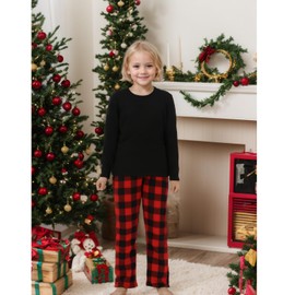 LANBAOSI Girls Fleece Pyjamas Set Lounge Wear Set for Kids Thermal Crew Shirts Long Sleeve Top & Plaid Pyjamas Bottoms Microfleece Nightwear Warm Pjs Sets Navy