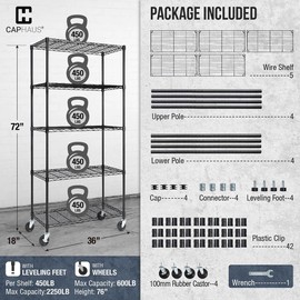 CAPHAUS Heavy Duty NSF Commercial Adjustable Shelves Wire Shelving w/Wheels & Feet, Kitchen Storage Metal Shelf, Garage Storage Shelving, Utility Wire Rack Storage Unit, Black 36 x 18, 5-Tier