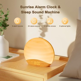 REACHER Natural Wood Grain Sound Machine Sunrise Alarm Clock，26 Nature Inspired Sleeping Sounds, 0-100% Dimmable Clock, Night Light, for Babys, Kids, Adults