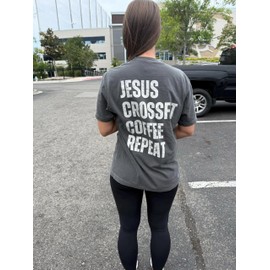 Jesus Crossfit Coffee Repeat Shirt - Christian Gym Tee, Back Print Workout Tshirt, Gym Girl Top M Ash