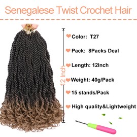 Mscat 12 Inch Wavy Senegalese Twist Crochet Hair 8 Packs Pre-Looped Passion Twist Crochet Hair With Curly Ends Synthetic Ombre Havana Twist Braiding Hair Extension for Women Kids T27#