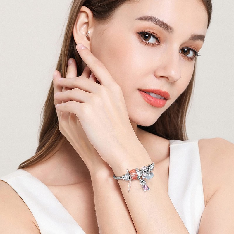 Women's Popular Rabbit Bangle, Pink, Blue, Adjustable, Opening, Platinum, Zircon
