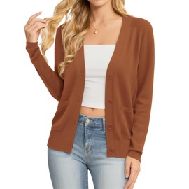 Urban CoCo Women's Cardigan Solid Button Down Long Sleeve Classic V Neck Knit Cardigan Sweater with Pockets, Brown, Small