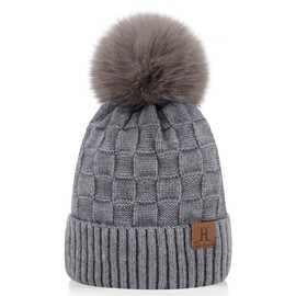 ZASFOU Women's Winter Beanie Hat with Fleece Lining Warm Plaid Pompom Winter Hat Thermal Knitted Hat for Women Gift, darkgray