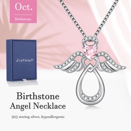 JiaYangJY Silver Guardian Angel Necklace 18K White Gold Plated Heart Infinity Pendant October Tourmaline Jewelry Gifts for Her