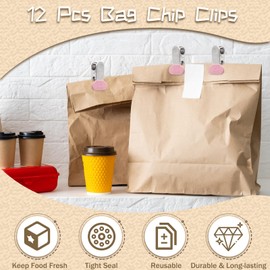 PHITUODA 12 Pack Chip Bag Clips with Silicone Edges, 1.5 Inches Wide Chip Clips Food Clips Bag Clips Stainless Steel Food Bag Clips - Air Tight Seal, Heavy Duty for Kitchen and Office, Pink