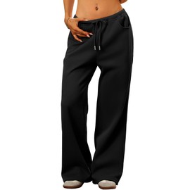 ELLEVEN Womens Wide Leg Fleece Lined Baggy Sweatpants Low Rise Elastic Waist Pockets Cotton Warm Lounge Thermal Pants Winter Fall Autumn 2025 Pants Mujer Athletic Gym Yoga Black Medium