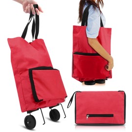 Collapsible Trolley, Folding Bag with Rubber Wheels - Foldable Shopping Cart, Oxford Cloth Reusable Cart for Supermarket, Capacity Bag (Red)