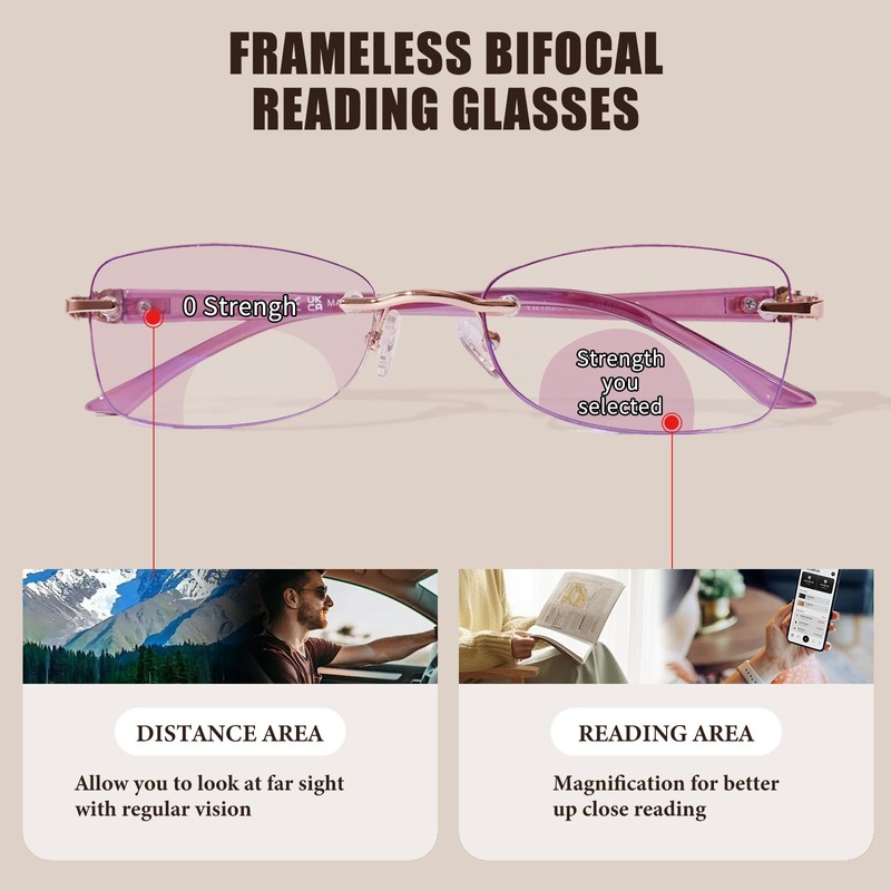 ZESAKER Rimless Bifocal Reading Glasses for Women Frameless Blue Light