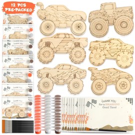 12-Pack Pre-Packaged Monster Truck Party Favors for Kids, Wooden Truck Cutouts with Magnets & Painting Kits, Boys' 4th Birthday Decorations & Thank You Gifts for Guests