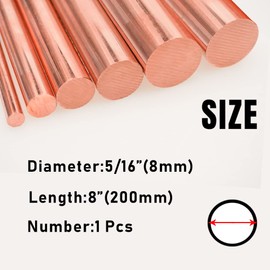 Tynulox 1Pcs Pure Copper Round Rod 5/16"(8mm) Dia 7.87" Length Bare Copper Cu Metal Rod for Metal Craft Hobbies