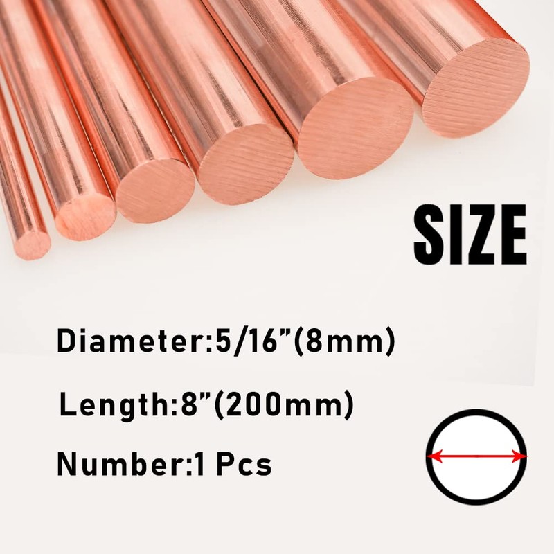 Tynulox 1Pcs Pure Copper Round Rod 5/16"(8mm) Dia 7.87" Length