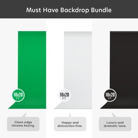 Julius Studio 10 x 20 ft. (W x H) White, Black, Green Backdrop Background Screen Bundle, High Density Premium A+ Grade>150GSM Synthetic Fabric Professional, Wrinkle Resistant, True Chromakey, JSAG845