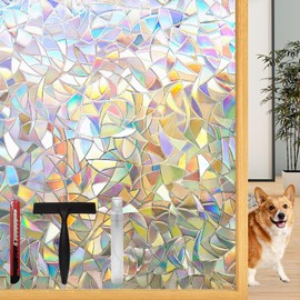 Lovepea Rainbow Window Privacy Film, 3D Decorative Vinyl, Stained Glass Decals, Removable, Peep-Proof, Static Cling, with Installation Tools (17.5 x 157.5 Inch)