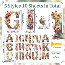 WANDIC 10 Sheets English Alphabet Flowers Rub On Transfer Stickers Furniture Decals Waterproof Stickers for DIY Crafts Present Bouquet Decoration, 10 * 30cm