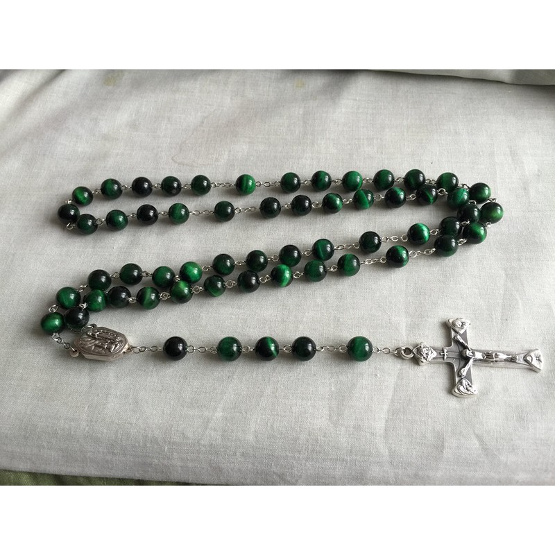 elegantmedical HANDMADE 10MM green Tiger Eye Bead Rosary CROSS catholic