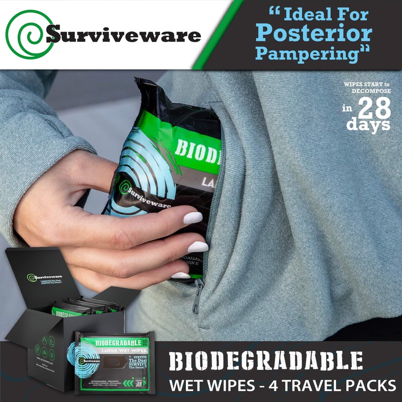 Surviveware Biodegradable Wipes Men or Women - Shower Wet Wipes