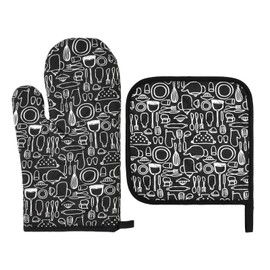 volumoon Oven Gloves and Pot Holder Set, Oven Gloves, Heat Resistant, Oven Gloves, Heat Resistant, Pot Holder Set, Cotton Cooking Gloves for Baking (A)