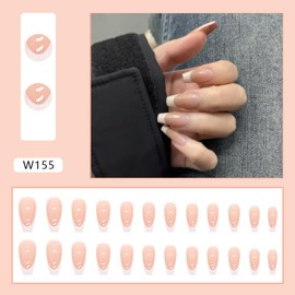 24pcs False Nails With Glue - Long Coffin Ballerina Manicure Full Cover Press on Nails - Cool Fake Nails for Women Girls (Nude French White)