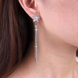 Aneneiceera Vintage Crystal Tassel Chain Earrings Silver CZ Tennis Earrings CZ Fringe Dangle Earrings Rhinestone Star Stud Earrings Crystal Boho Tassel Earrings Jewellery for Women and Girls, Metal