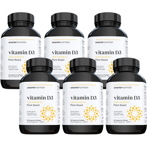 Plant-Based Vitamin D3 Immune Support with Vegan K2 Complex in a Vegetarian Softgel - Includes 5,000 IU of Vitamin D for Immunity Boost (6, D3+K2)