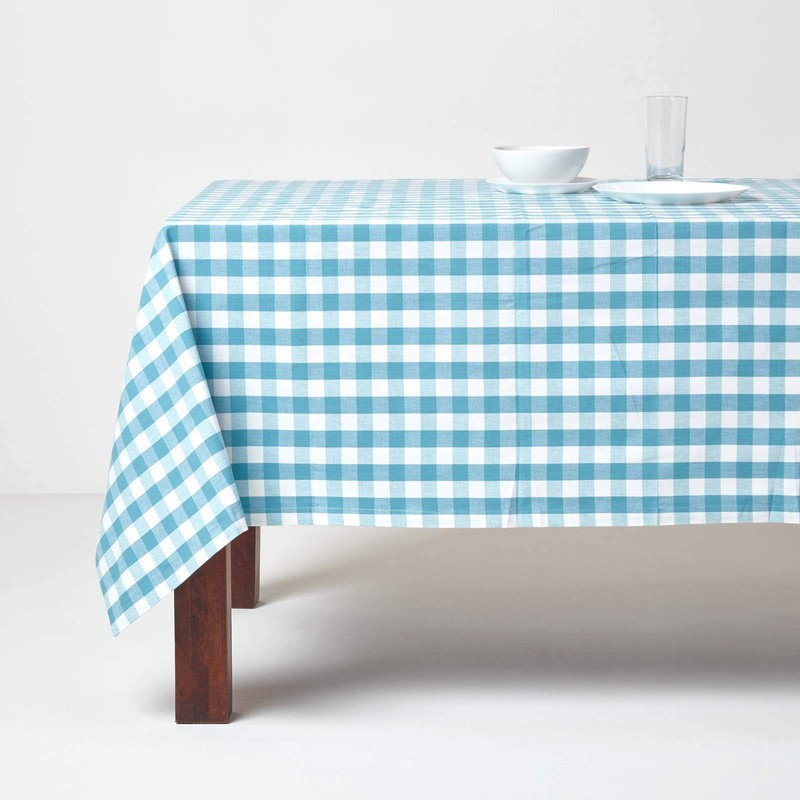 HOMESCAPES Blue Gingham Table Cloth Block Check Pattern 100% Cotton