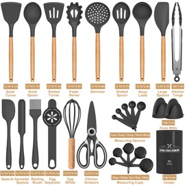 28PCS Silicone Cooking Utensils Set - AIKKIL Heat Resistant Kitchen Utensils Set for Cooking,Silicone Kitchen Gadgets Spatulas Set with Wooden Handles and Holder for Nonstick Cookware(BPA Free, Grey)