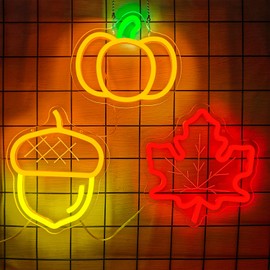 hhuohuona 3-Piece Fall Neon Signs for Wall Decor Thanksgiving Window Lights Dimmable Maple Leaf Acorn Pumpkin Led Sign Fall Autumn Harvest Neon Gifts Decorations