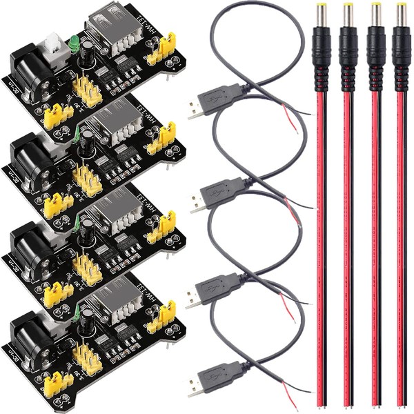 Youmile 4pcs 3.3V5VMB102 Breadboard Power Module with DC Male Cable USB Male Cable for Arduino