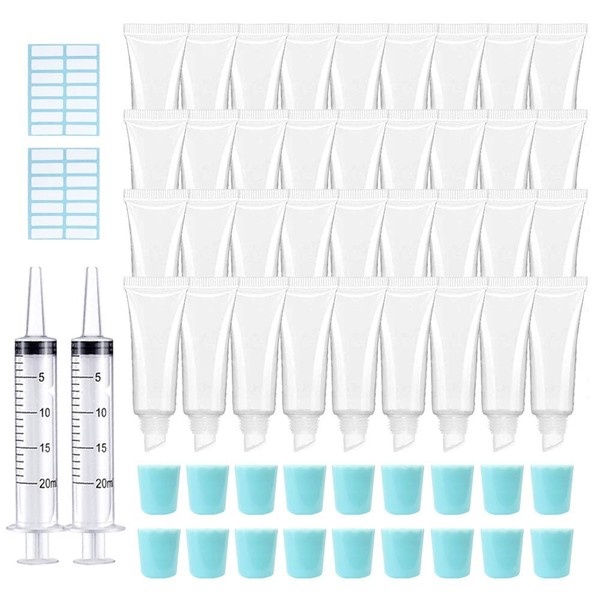 50PCS 10ml Lip Gloss Tubes Clear Empty Lip Balm Containers with Blue Cap Refillable Soft Cosmetic Squeeze Tubes for Lip Gloss Base Glitter Pigment Powder 2 Syringes + Tag Labels Stickers by AMORIX