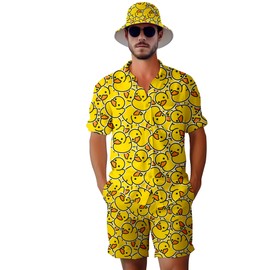 VUGOTU Men's 2 Piece Tracksuit 80s 90s Outfit Button Down 80s Shirts and Shorts Sets with Bucket Hats, Cute Yellow Duck, X-Large