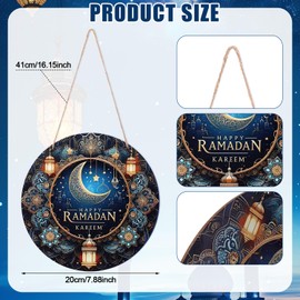 Ramadan Door Sign, 7.88 Inch Wooden Ramadan Door Hanging Sign Eid Mubarak Sign Ramadan Kareem Wreath Ramadan Door Decoration Islamic Decor for Home Porch Farmhouse Front Door Wall